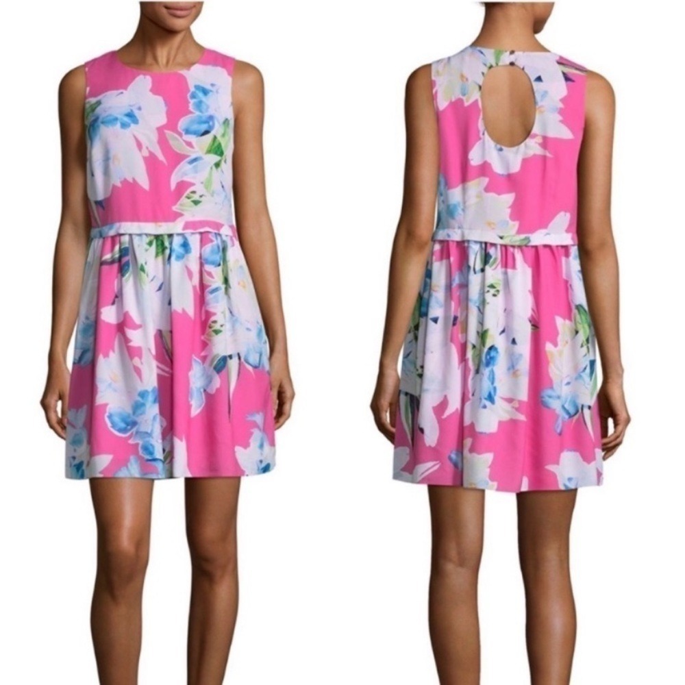 CeCe New Size 2 Jordyn Dress Bright Pink Sleeveless Open Back Floral A Line